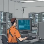 technician ignoring error message on computer screen in server room