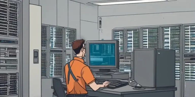 technician ignoring error message on computer screen in server room
